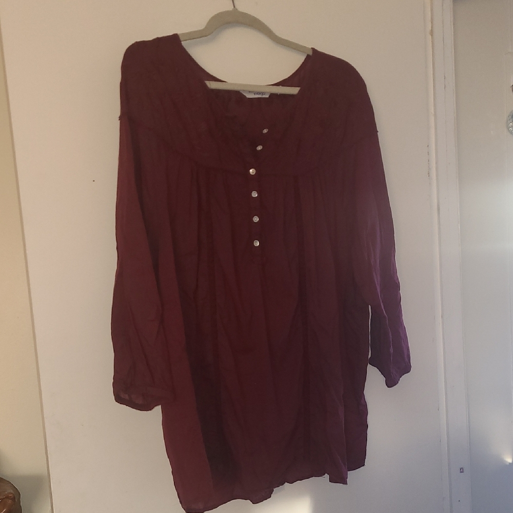 Women's Wine Button-Front Peasant Blouse